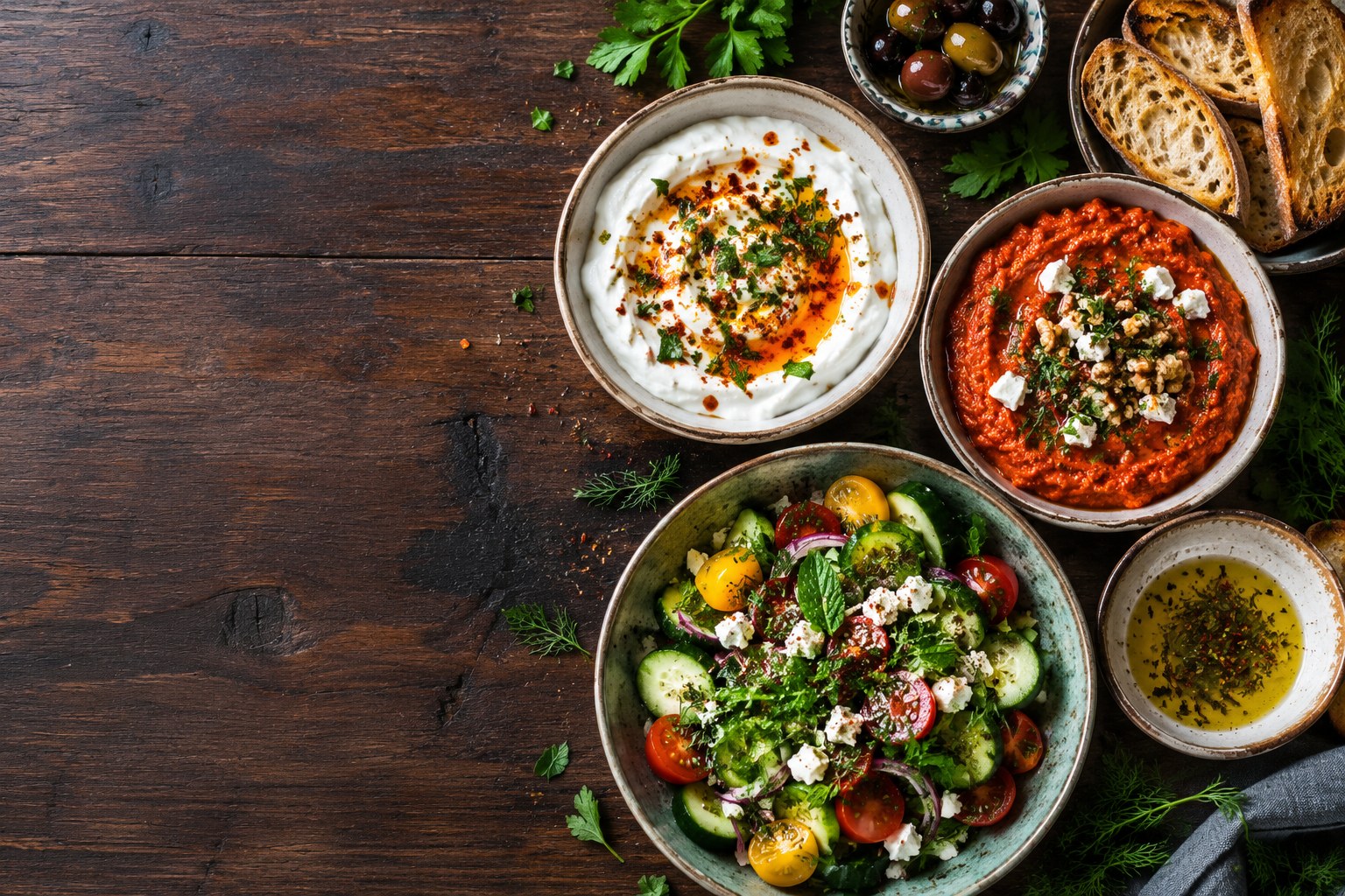 Yoğurtlu ve biberli mezeler, salata ve kızarmış ekmeklerden oluşan temsili sofra